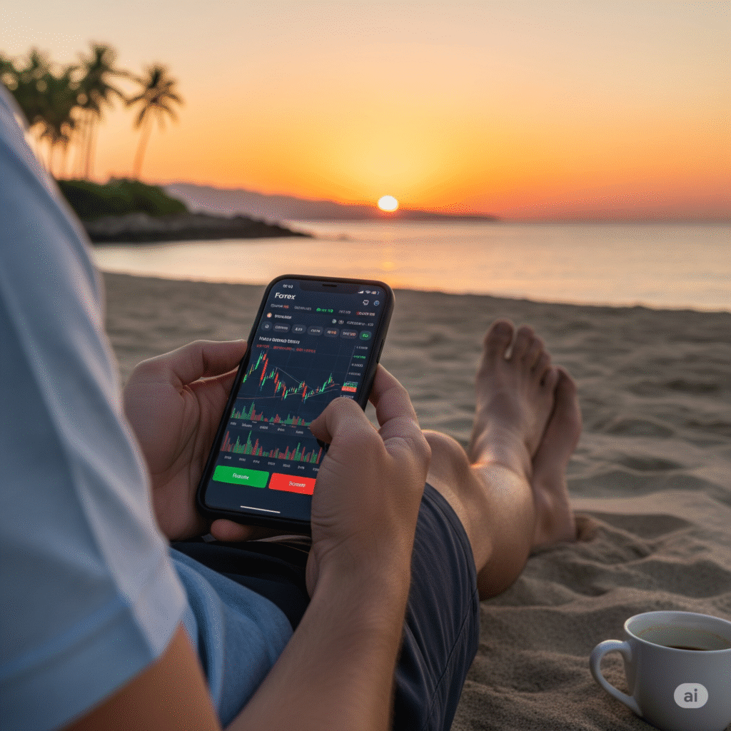 Invertir en Forex operar trading desde la playa,, trabajar en cualquier lugar, celular con gráficos de trading