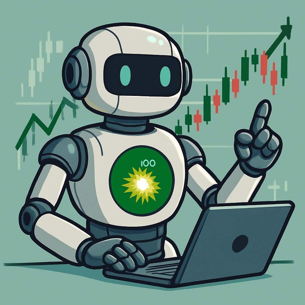 Un bots de trading futurista se encuentra junto a un ordenador portátil, mostrando gráficos de trading de criptomonedas. El bots tiene una mano extendida hacia los gráficos, lo que simboliza la automatización de la inversión. El fondo está compuesto por datos digitales y velas japonesas, ilustrando el entorno financiero.